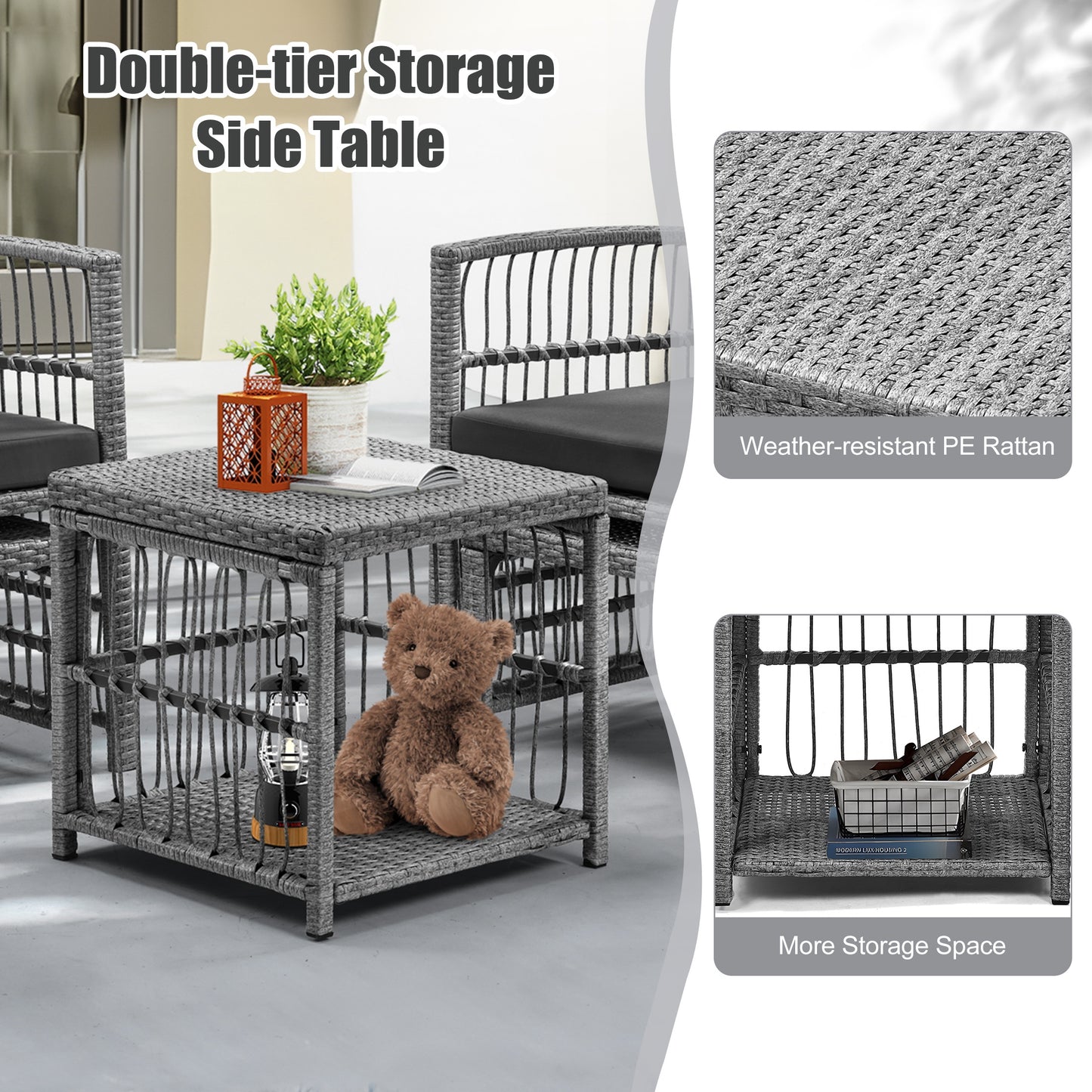Wicker Patio Conversation Set, 5 Pcs Outdoor Sofa Set with Ottomans and Coffee Table, All-Weather Outdoor Furniture for Backyard Front Porch Deck Balcony, Brown Rattan+Gray Cushion