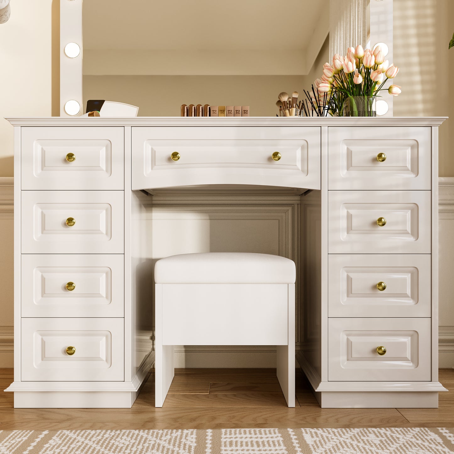 SESSLIFE Professional Makeup Vanity Desk with 10 Hollywood Lights and 9 Drawers, Vanity Table Set with Charging Station, Power Outlet/USB, Mirror and Upholstered Stool for Bedroom, White