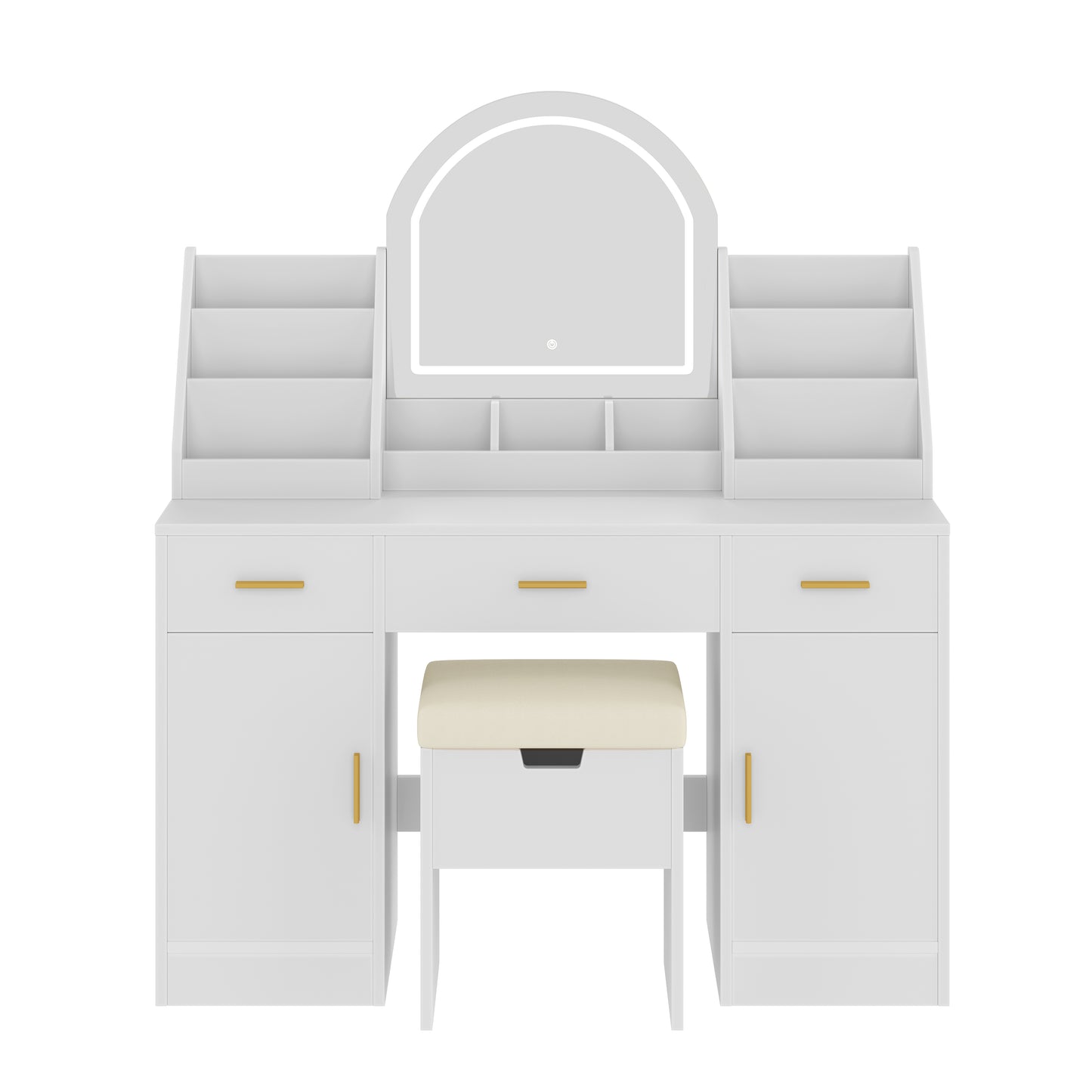 SESSLIFE Makeup Vanity with Lights and Storage, 47.2 Inch Modern Vanity Desk with LED Mirror, 3 Drawers, 2 Cabinets, Charging Station and Stool, White