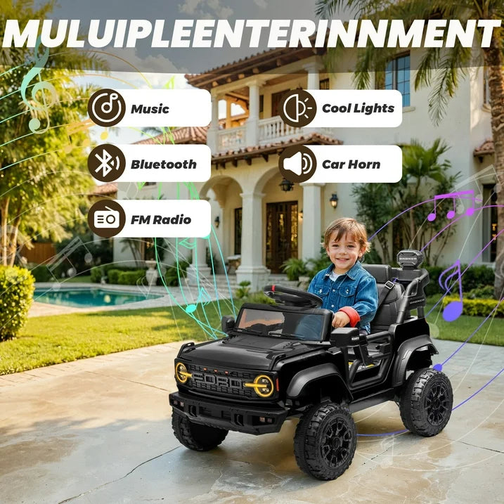Ford Bronco Raptor Powered Ride on Truck, 12V Powered Kids Ride on Toy Cars with Remote Control, Bluetooth, LED, MP3, Safety Belt, 4 Wheelers, Electric Car for Kids Girls 3-5 Gift, Black
