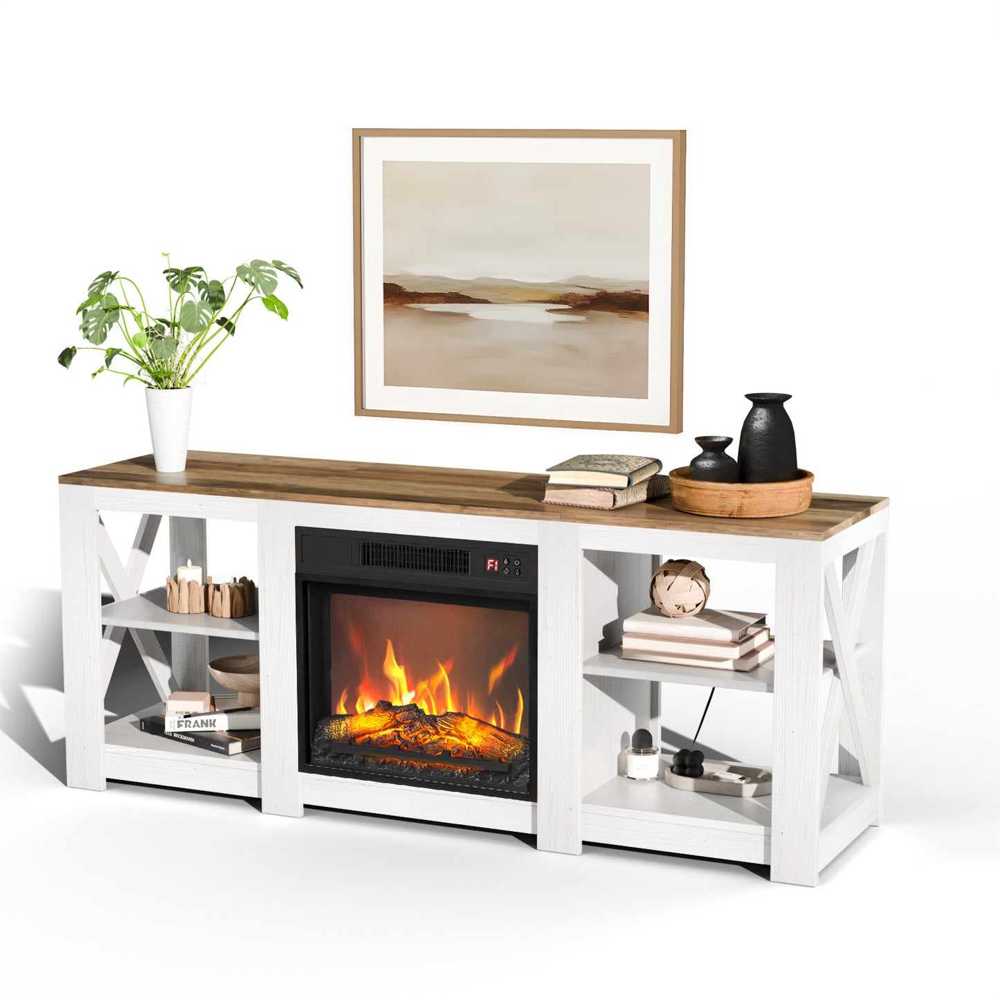 SESSLIFE 58 Inch Fireplace Cabinet with Electric Fireplace Insert, Farmhouse Fireplace Console with Double-Sided Cross Design, Storage Furniture for Living Room, White & Brown