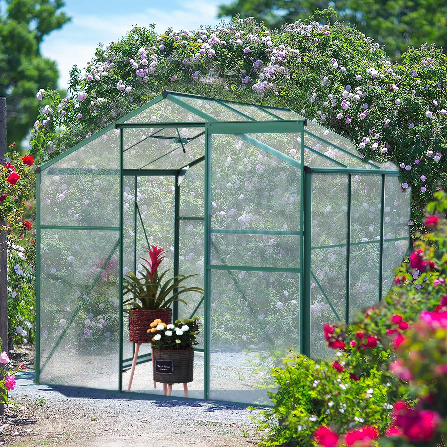 Greenhouse for Outdoors, 6.2' x 6.2' x 6.6' Aluminum Greenhouse with Window, Sliding Door