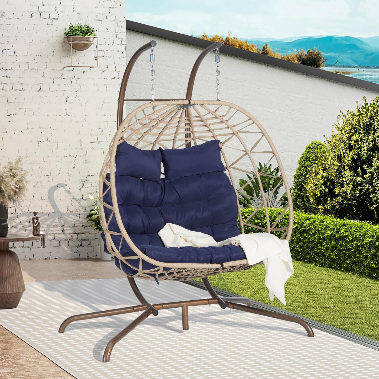 Double Egg Swing Chair with Stand, 2 Persons Hanging Egg Chair, 600LBS Capacity Indoor Outdoor Wicker Basket Oversized Hammock Chair for Backyard Balcony Bedroom, Brown Wicker+Navy Cushion