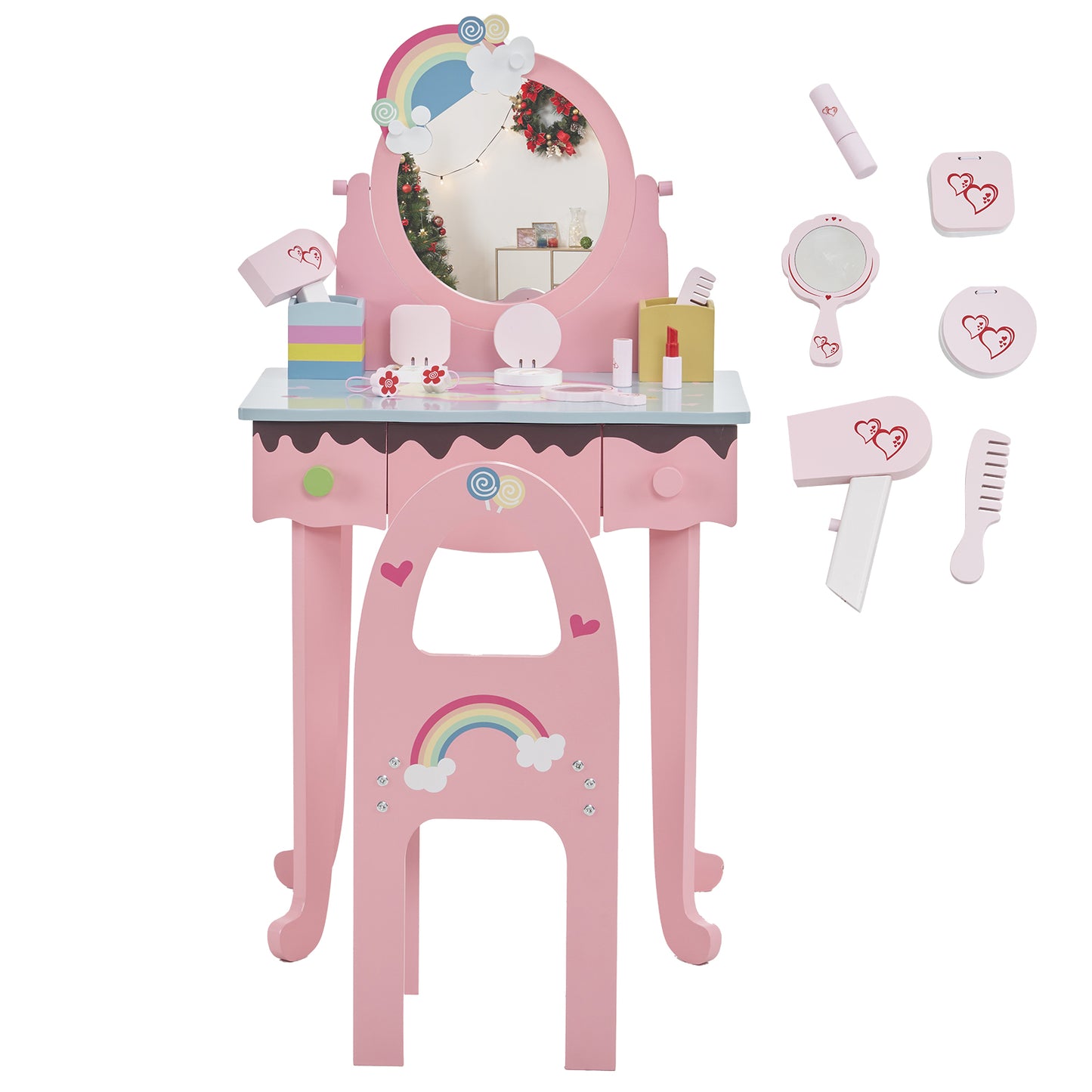 SESSLIFE Princess Vanity Table Set with Mirror and Chair, Pink Dressing Table with 3 Drawers Storage, Pretend Play Makeup Vanity Table for Bedroom or Playroom