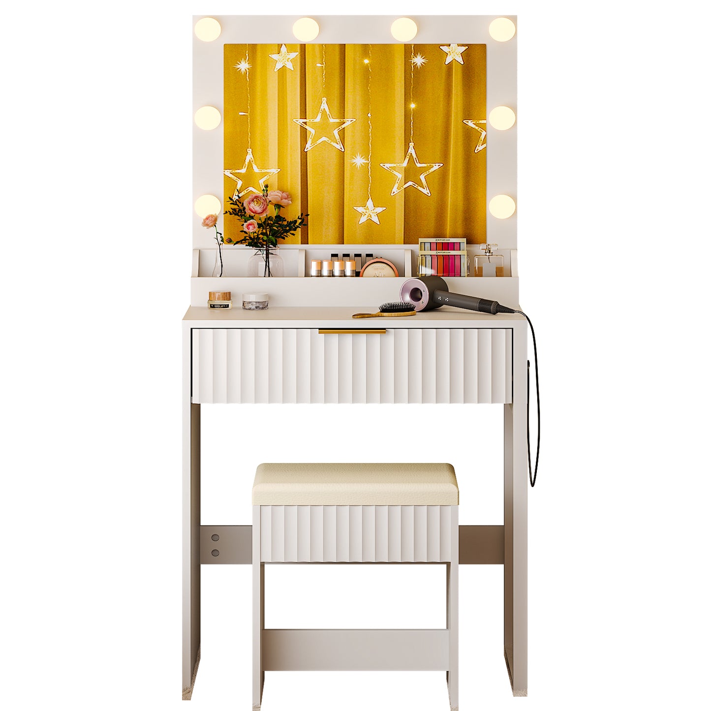 SESSLIFE Makeup Vanity Table Set with Mirror and Lights, 3-Color LED Lighting, Power Strip, Drawer & 3 Compartments, Modern Grille Design Compact Dressing Table for Bedroom, White