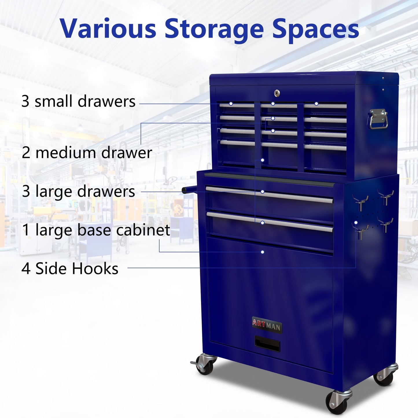 Sesslife 8 Drawer Rolling Tool Box and Organizer, Blue with Large Storage Cabinet