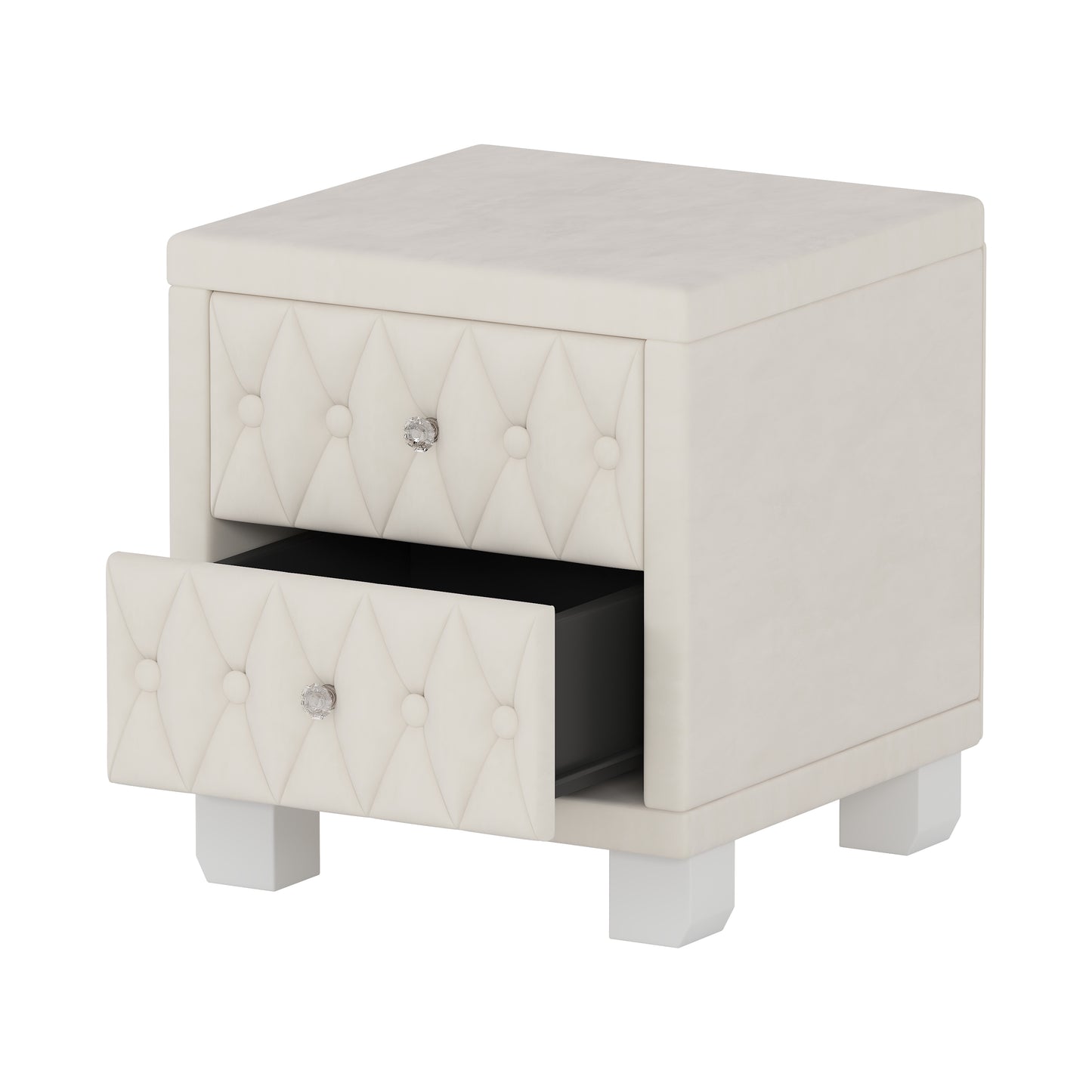 SESSLIFE Velvet Nightstand with 2 Drawers, Button Tufted Bedside Table with Crystal Handles, Upholstered Storage Side Table for Bedroom, Beige