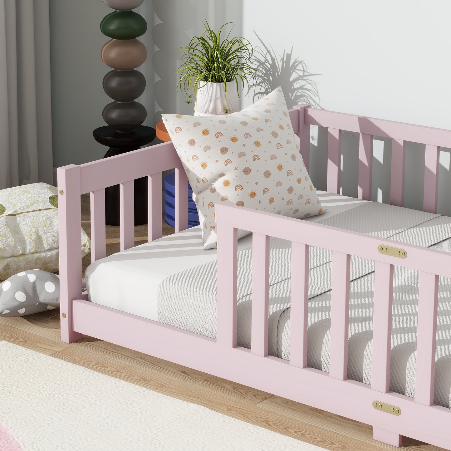 Sesslife Twin Montessori Floor Bed, Twin Size Floor Bed with Fence Without Door, Toddler Bed with Salts, Safety Guardrails, No Box Spring Needed, Twin Bed for Kids Girls, Boys, White