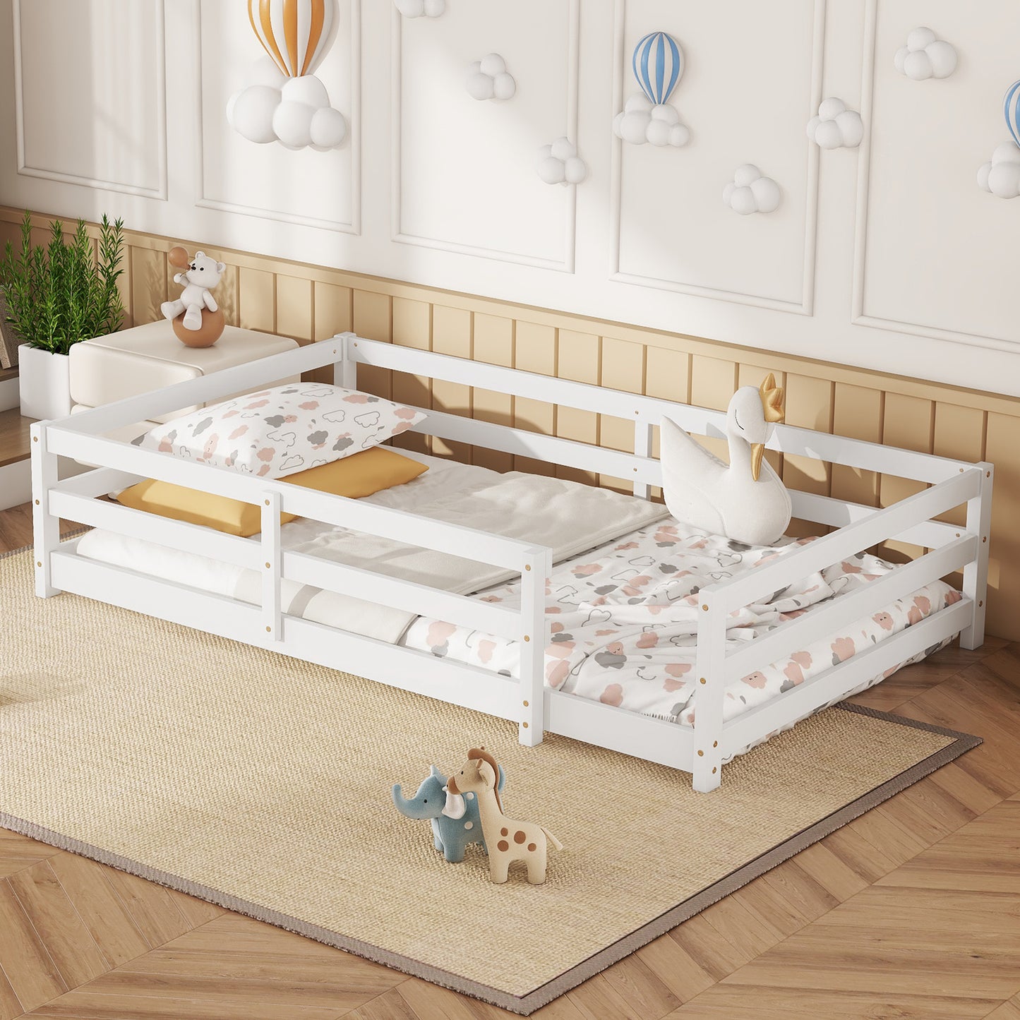 Twin Size Floor Bed, Wood Montessori Floor Bed with Fence and Guardrails, Toddler Bed Frame for Kids, Boys, Girls, No Box Spring Needed, White