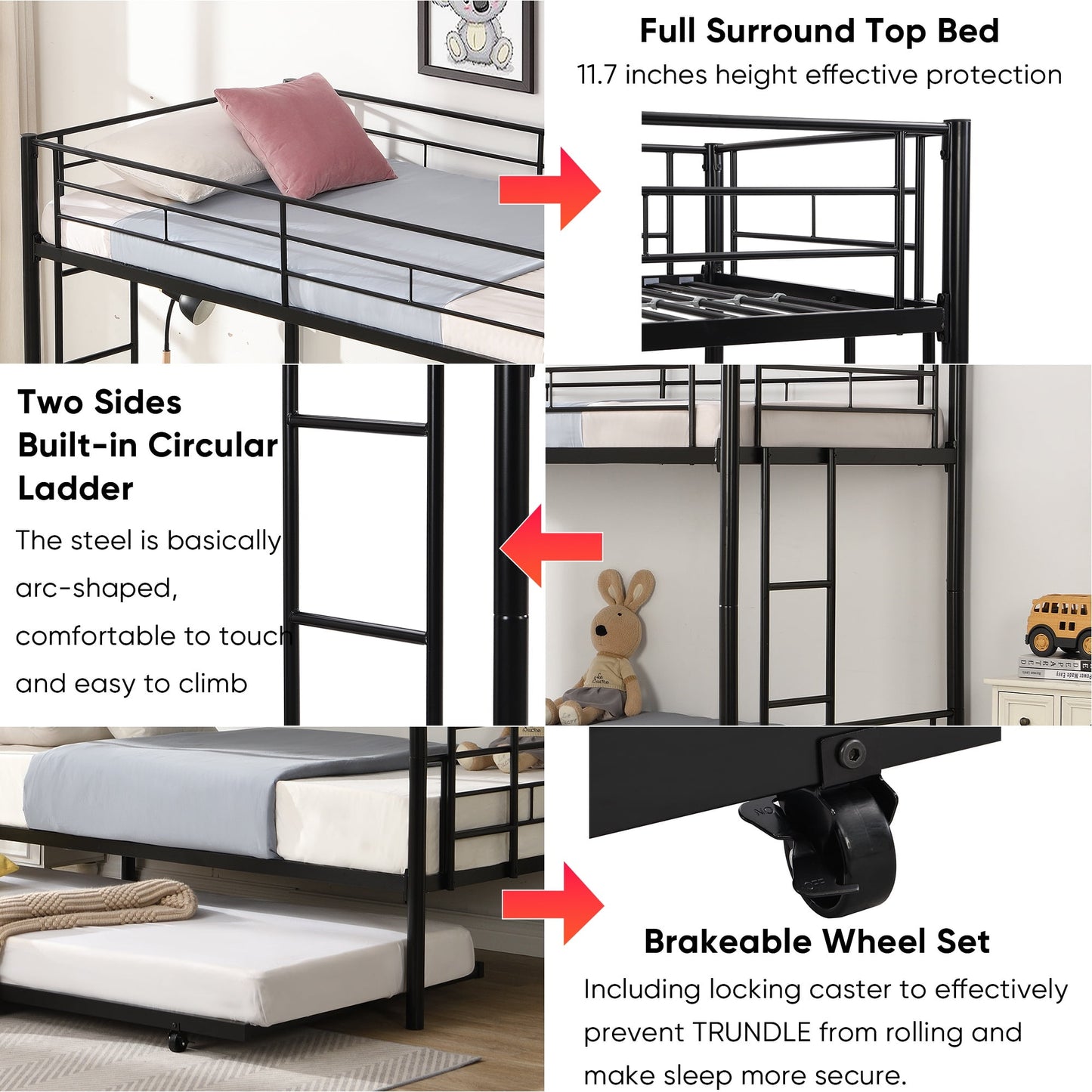 Twin Bunk Bed with Trundle, Metal Bed Frame Bunk Beds for Kids Teens Adult with Ladder and Safety Guardrails, Twin Over Twin Bunk Bed Can be Split into 3 Twin Bed, TE736