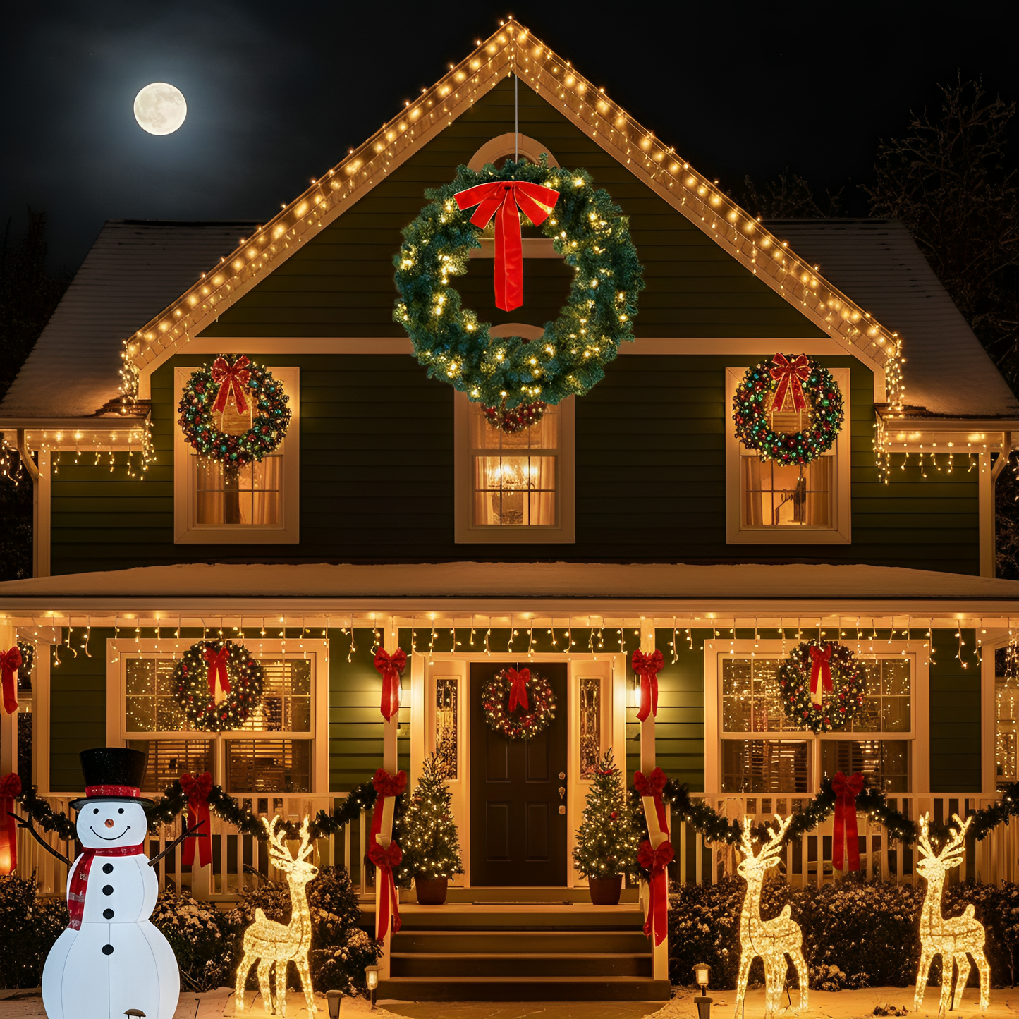 48in Pre-Lit Christmas Wreath, SESSLIFE 3pcs Large Artificial Xmas Wreath with LED Lights, Remote Control and Stepless Dimming, Full Outdoor Wreath for Front Door, Gate, Green
