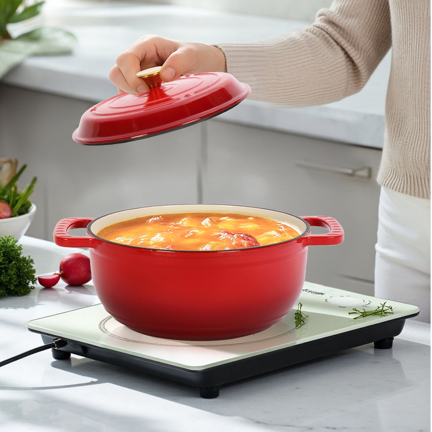 SESSLIFE 5QT Enameled Cast Iron Dutch Oven with Lid and Silicone Gloves for Bread Baking, 3-4 People, Gradient Red
