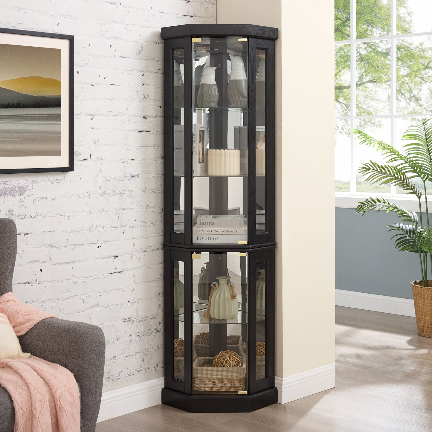 SESSLIFE 70" Lighted Corner Curio Cabinet with Mirrored Back, 5 Tempered Glass Shelves Adjustable, Anti-Tip Device Tall Glass Display Cabinet for Collectibles, Easy Assembly, Black