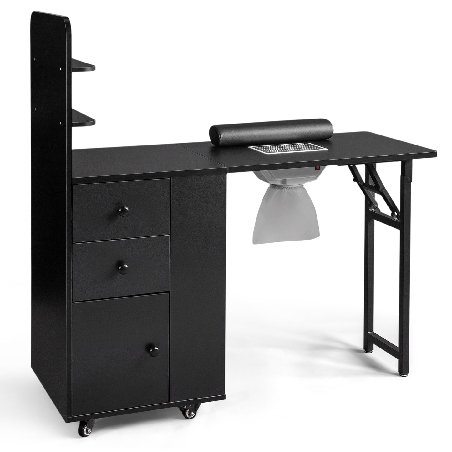 SESSLIFE Mobile Vanity Desk with 2 Drawers, Foldable Manicure Station with Cabinet Door and Storage Shelf, Portable Nail Tech Table for Home Salon and Professional Use, White