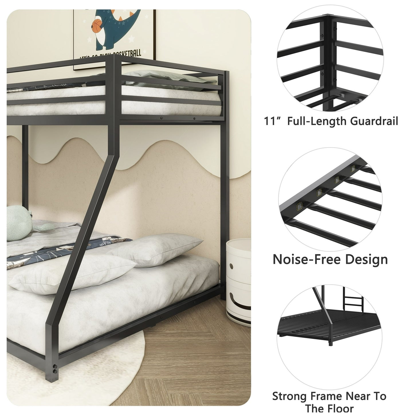 SESSLIFE Twin over Full Bunk Bed with Durable Ladder and High Guardrail, Low Bunk Beds Metal Frame for Boys Girls Teens, Easy Climbing, Max 500lbs