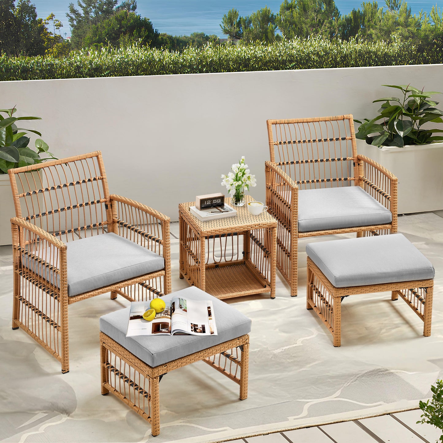 Wicker Patio Conversation Set, 5 Pcs Outdoor Sofa Set with Ottomans and Coffee Table, All-Weather Outdoor Furniture for Backyard Front Porch Deck Balcony, Brown Rattan+Gray Cushion