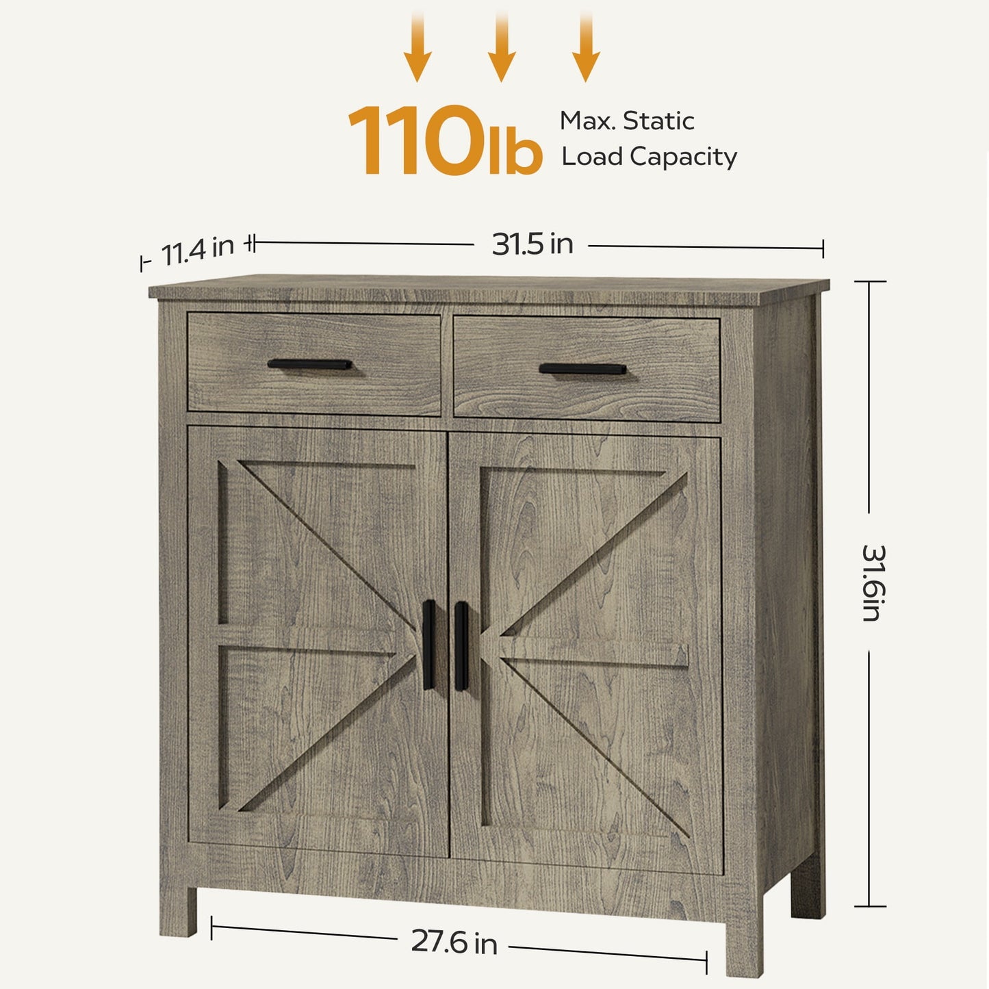 Kitchen Sideboard Buffet Cabinet, Wooden Buffet Cabinet Credenza Coffee Bar with 2 Drawers & 2 Doors, Gray Wood Sideboard for Living Room, Entryway, Corridor, JA3981