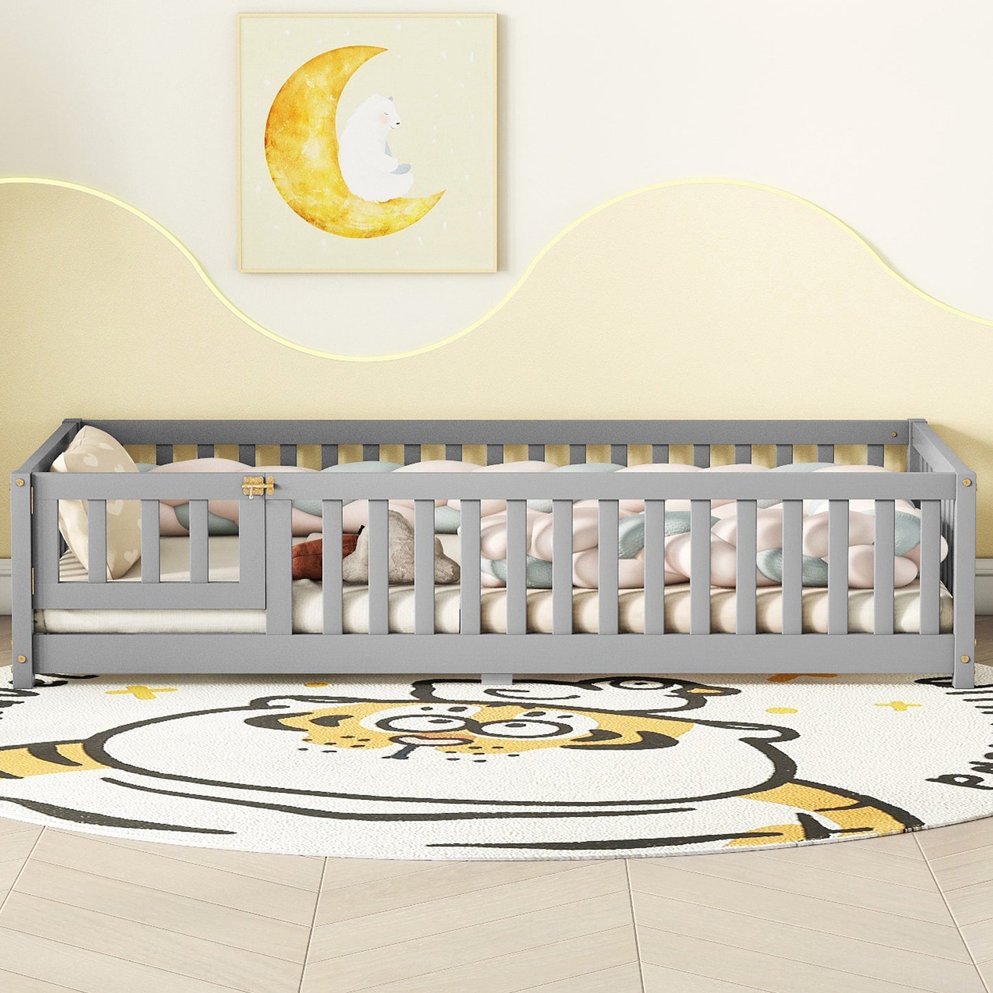 SESSLIFE Twin Size Floor Bed with Fence and Door, Wood Toddler Bed with Safety Guardrails and Slats, Montessori Bed, Twin Bed Frame for Kids, Boys, Girls, No Box Spring Needed, White