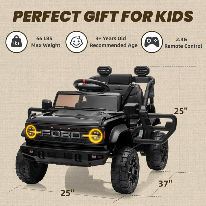 Ford Bronco Raptor Powered Ride on Truck, 12V Powered Kids Ride on Toy Cars with Remote Control, Bluetooth, LED, MP3, Safety Belt, 4 Wheelers, Electric Car for Kids Girls 3-5 Gift, Black