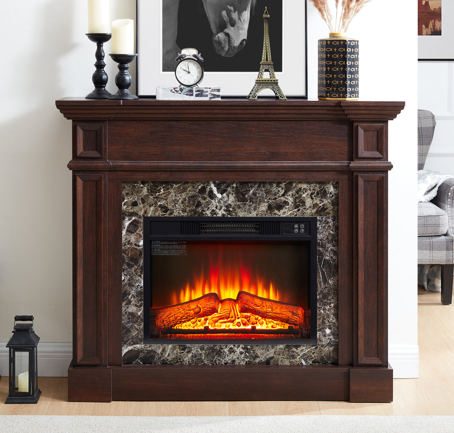 SESSLIFE 41" Electric Fireplace Heater with Mantel, Freestanding Design with 3D Adjustable Flame, Remote Control, Compact for Indoor Use, Cherry Finish, Heats Up to 400 Sq Ft