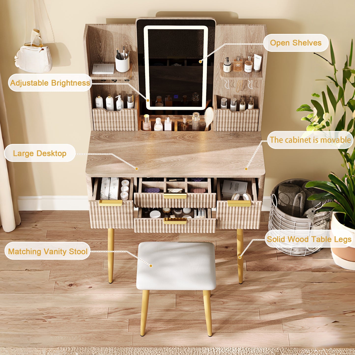 Vanity Table with Mirror and PU Stool, SESSLIFE 4-Drawer Carved Makeup Desk with LED Lighting, Elegant Dressing Table for Bedroom, Compact Design, Yellow Brown