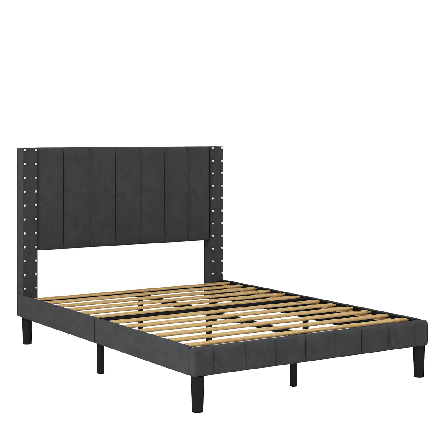 Full Bed Frame, Platform Bed Frame Full Size with Modern Flannelette Fabric Upholstered Headboard and Wooden Slats Support, Bedroom Furniture, No Box Spring Needed, Easy Assembly, Grey