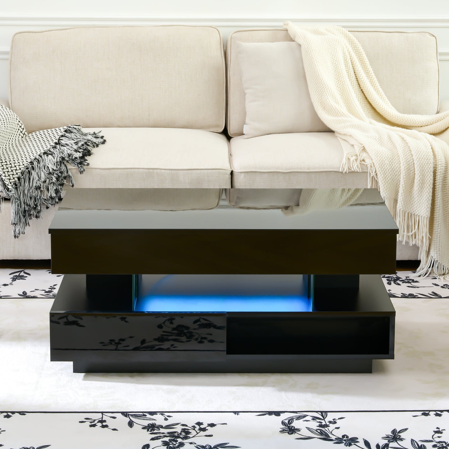 SESSLIFE Modern Lift Top Coffee Table with Storage, Hidden Compartment and LED Lighting, Multifunctional Centerpiece for Small Spaces, 39.3 Inch, Black