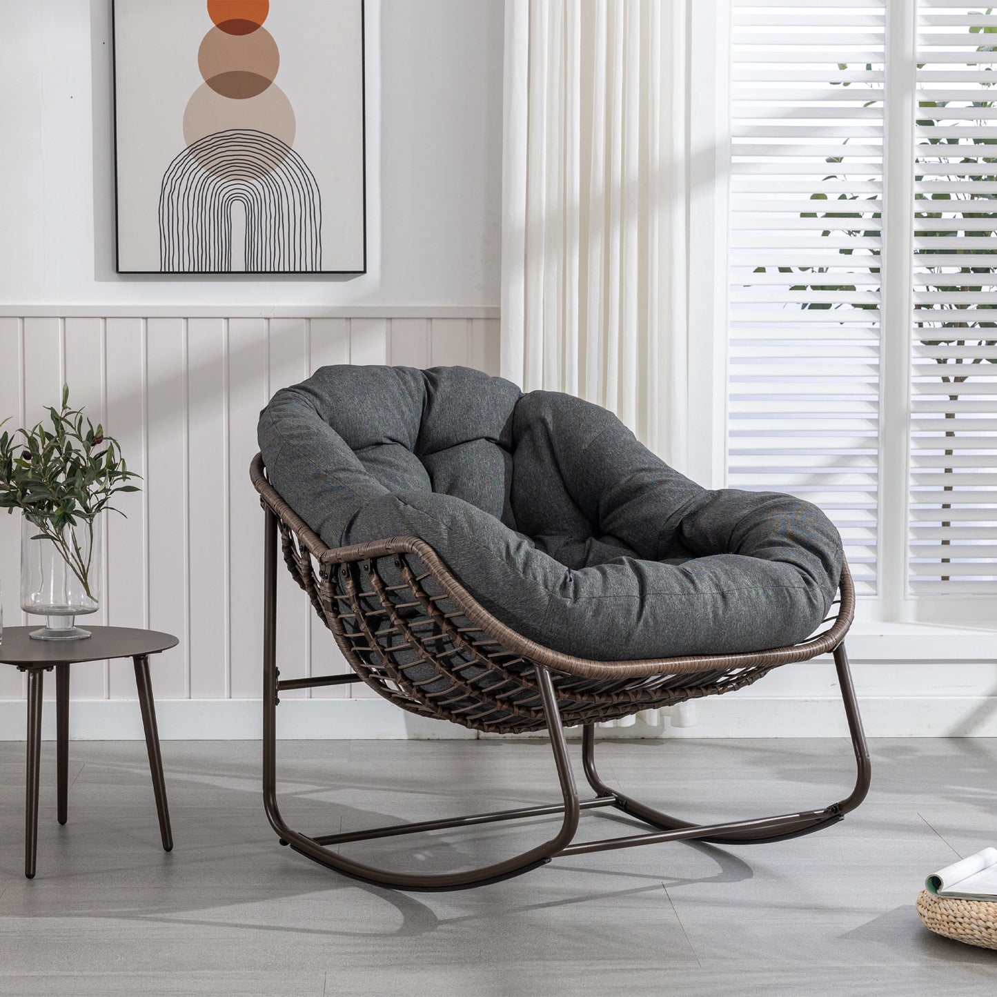Papasan Rocking Chair Indoor and Outdoor, Patio Rocker Recliner Chair with Padded Cushion, Modern Lounge Egg Chair with Steel, Rattan Frame, Orange