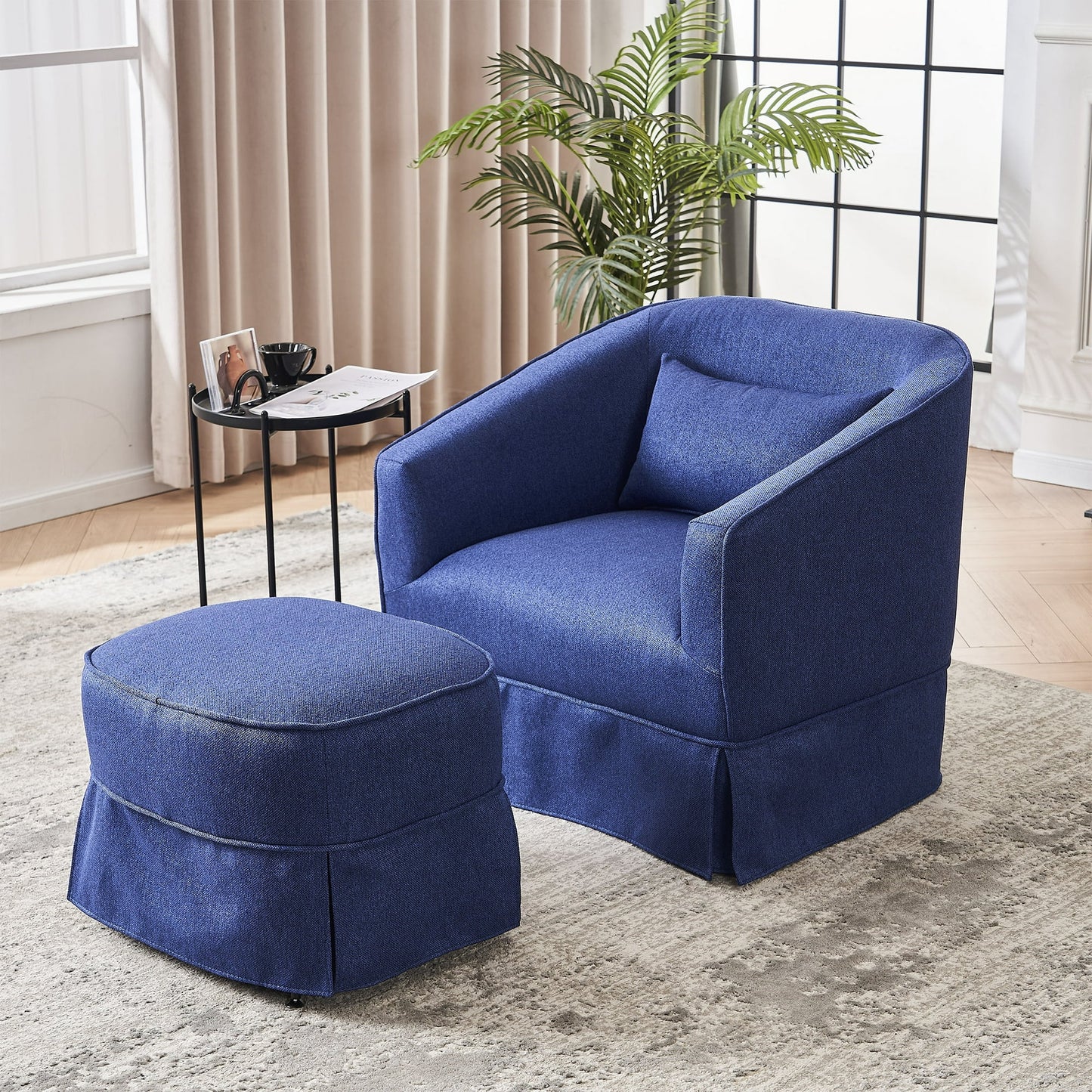 PORKISS Swivel Barrel Chair with Ottoman, Upholstered Accent Armchair 360 Degree Swivel, Comfy Upholstered Club Seat for Living Room Bedroom, Orange