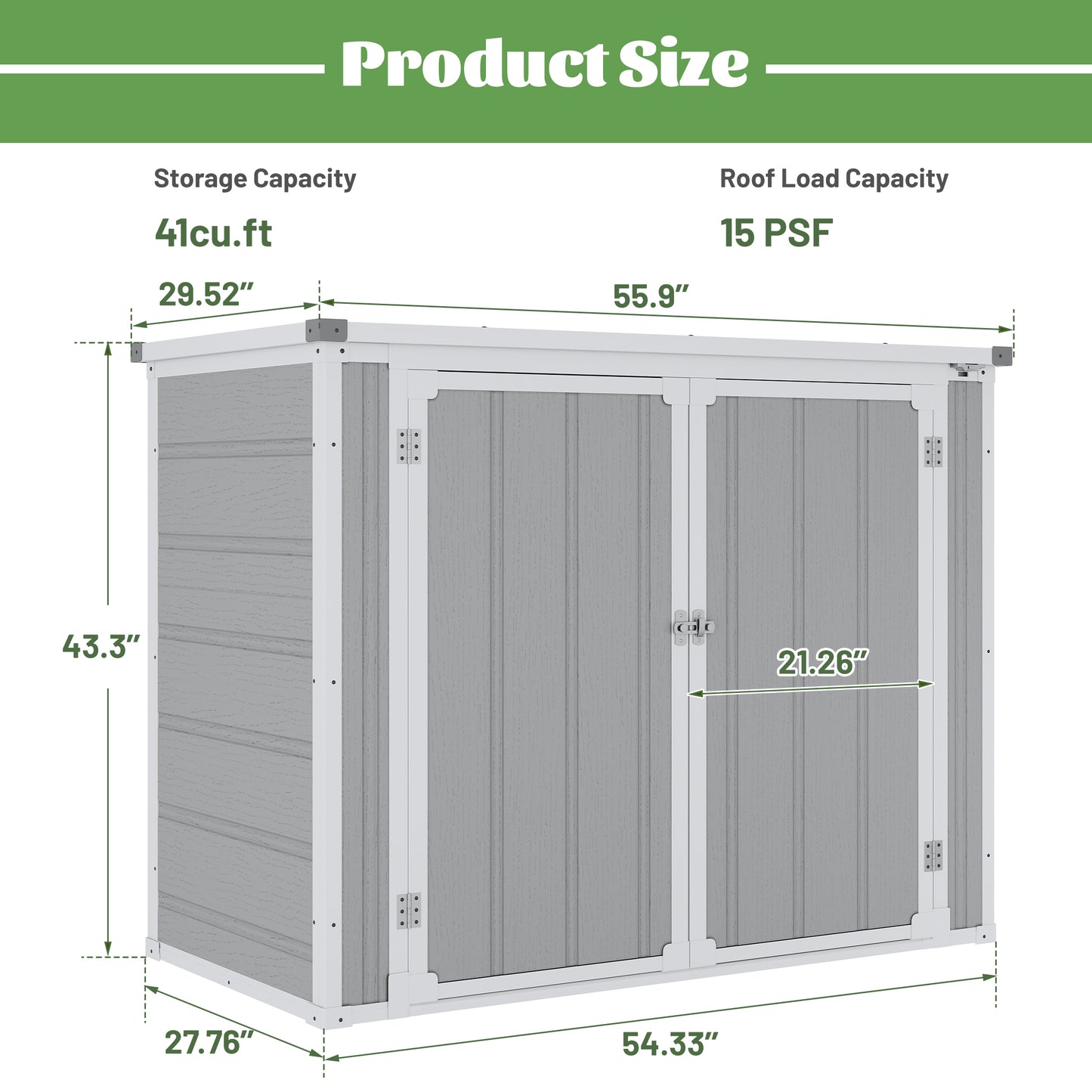 41 cu.ft Outdoor Garbage Shed, Horizontal Resin Storage Shed, Resistant Tool Shed for Storage of Bike/Trash Cans/Garden Tools/Lawn Mowers, 55.9"L x 29.52"W x 43.3"H Gray