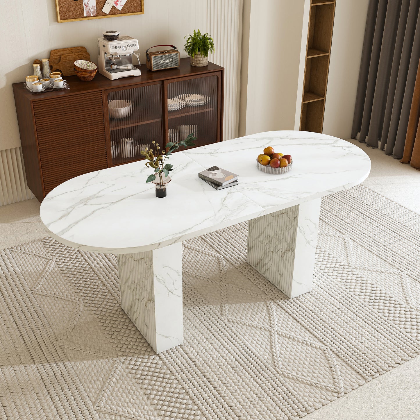 SESSLIFE Oval Dining Table, 62.9'' Modern Farmhouse Dining Table with with Wood Strip Base, Kitchen Table for Home and Office, White Marble Finish