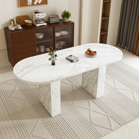 SESSLIFE Oval Dining Table, 62.9'' Modern Farmhouse Dining Table with with Wood Strip Base, Kitchen Table for Home and Office, White Marble Finish