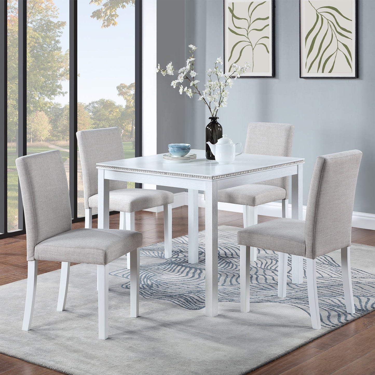 PORKISS Dining Table Set for 4, Dining Room Set with 1 Square Table 4 Upholstered Chairs, White