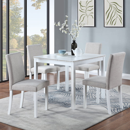 PORKISS Dining Table Set for 4, Dining Room Set with 1 Square Table 4 Upholstered Chairs, White