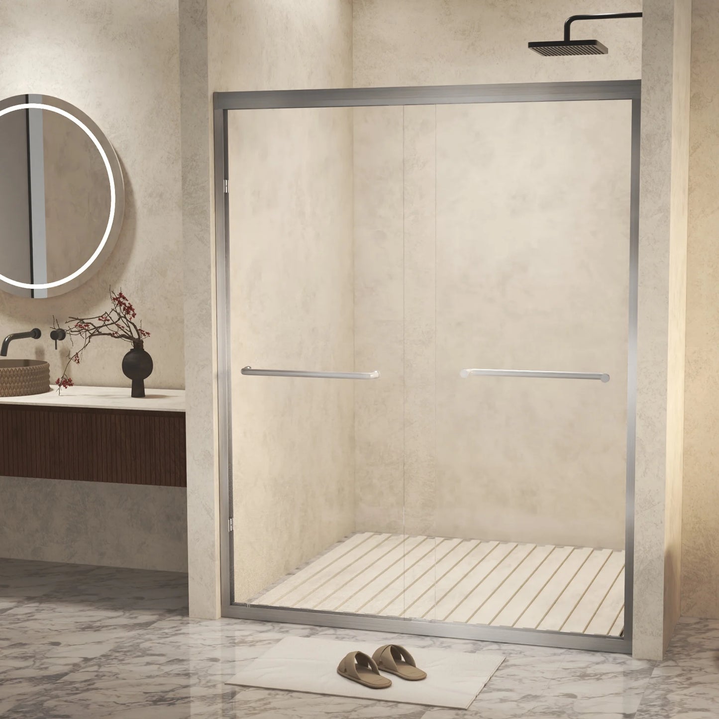 Sesslife 44-48" W x 72 in H Double Sliding Shower Door with Aluminum Frame, Modern Bathroom Shower Door with 1/4" Clear Tempered Glass and Stainless Steel Long Handles, SCGG Certified, Matte Black