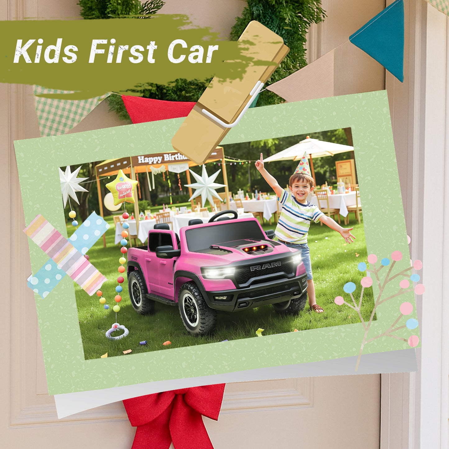 2 Seater Ride on Cars for Kids, RAM 1500 Extra large Real 24V Powered Ride on Toys with Remote Control, LED Light, MP3 Player, Electric Vehicles Ride on Truck for Boys Girls Gifts, Pink