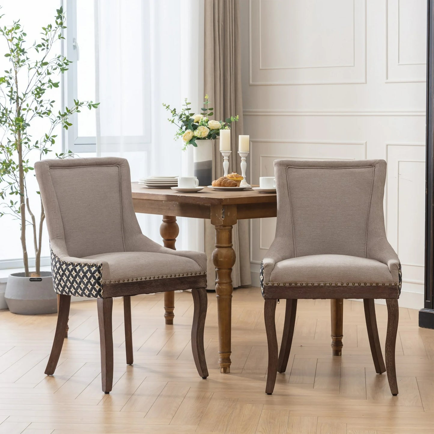 PORKISS Dining Chairs Set of 2, Thickened Fabric Chairs with Solid Wood Legs, Modern Upholstered Dining Chairs, Beige