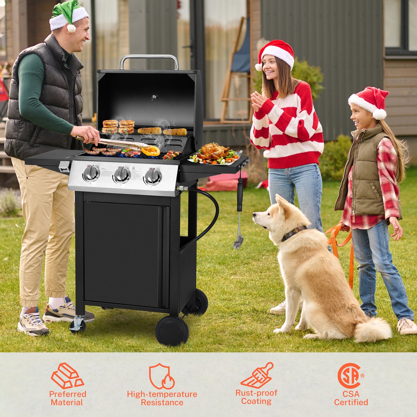 3 Burner Propane Gas Grill, 30,000 BTU Stainless Steel Barbecue Grill with Cleaning Brush and Thermometer, Outdoor Cooking BBQ Camping Grill