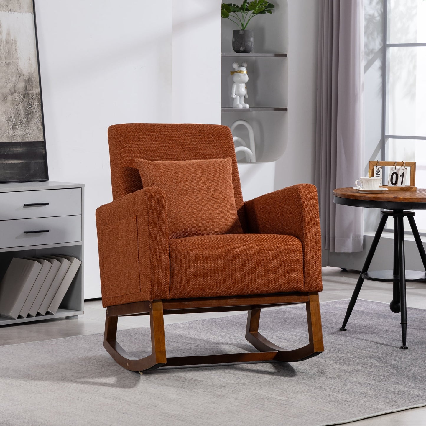 Rocking Chair with Padded Lumbar Pillow, Upholstered Fabric Accent Chairs with Solid Wood Frame for Living Room Bedroom Playroom, Khaki