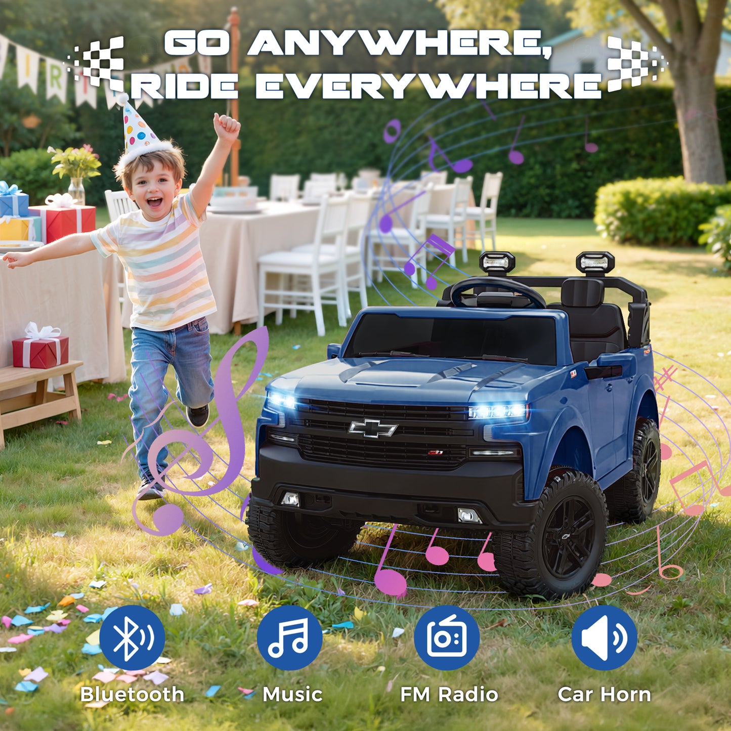 Chevrolet Silverado 24V Powered Ride On Car for Kids, 2 Seater Electric Truck with Remote Control, 90W Dual Motors, 4 Wheels Suspension, LED, Bluetooth, Ride On Toy for Boys & Girls Ages 3–8 (White)