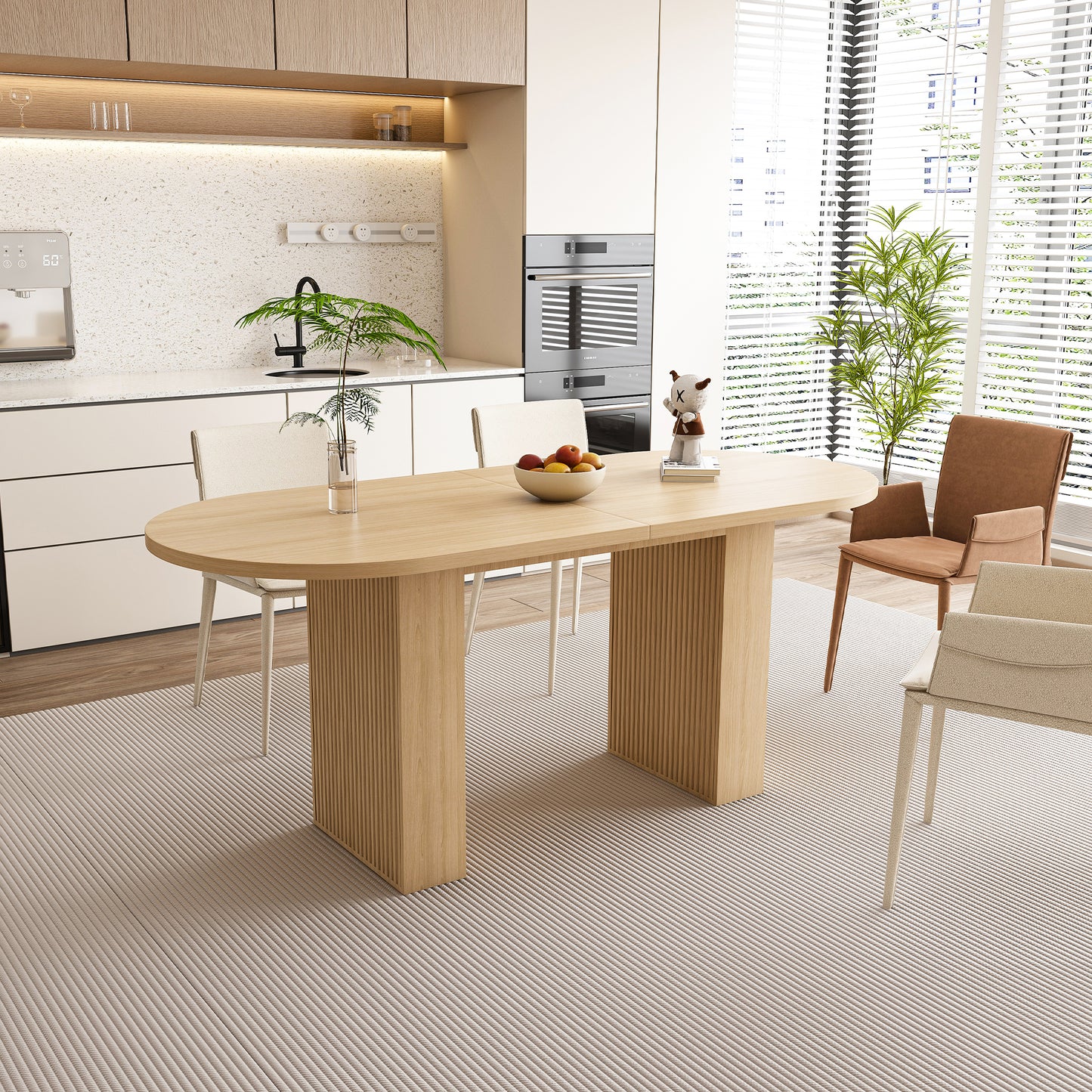 SESSLIFE Oval Dining Table, 62.9'' Modern Farmhouse Dining Table with with Wood Strip Base, Kitchen Table for Home and Office, White Marble Finish
