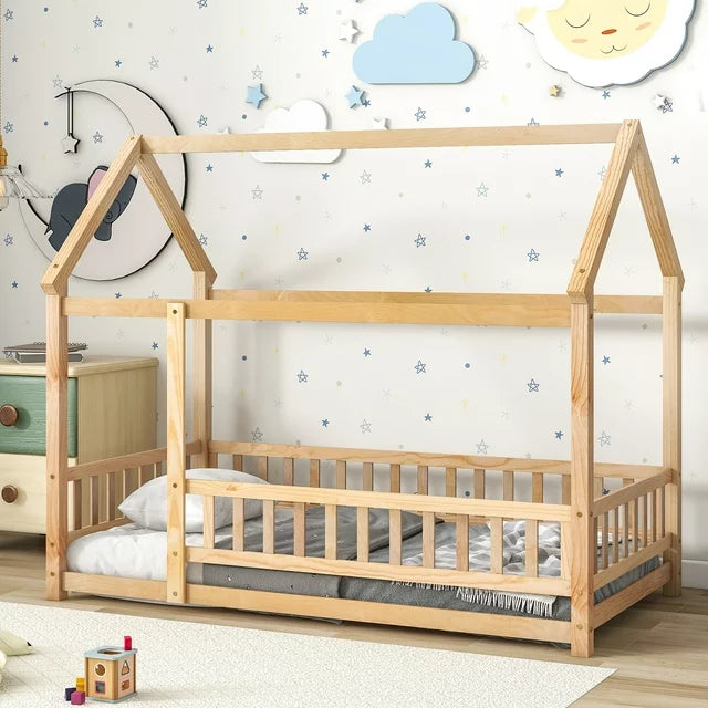 SESSLIFE House Bed Twin, Solid Wood House Bed for Kids, Box Spring Needed (Gray)