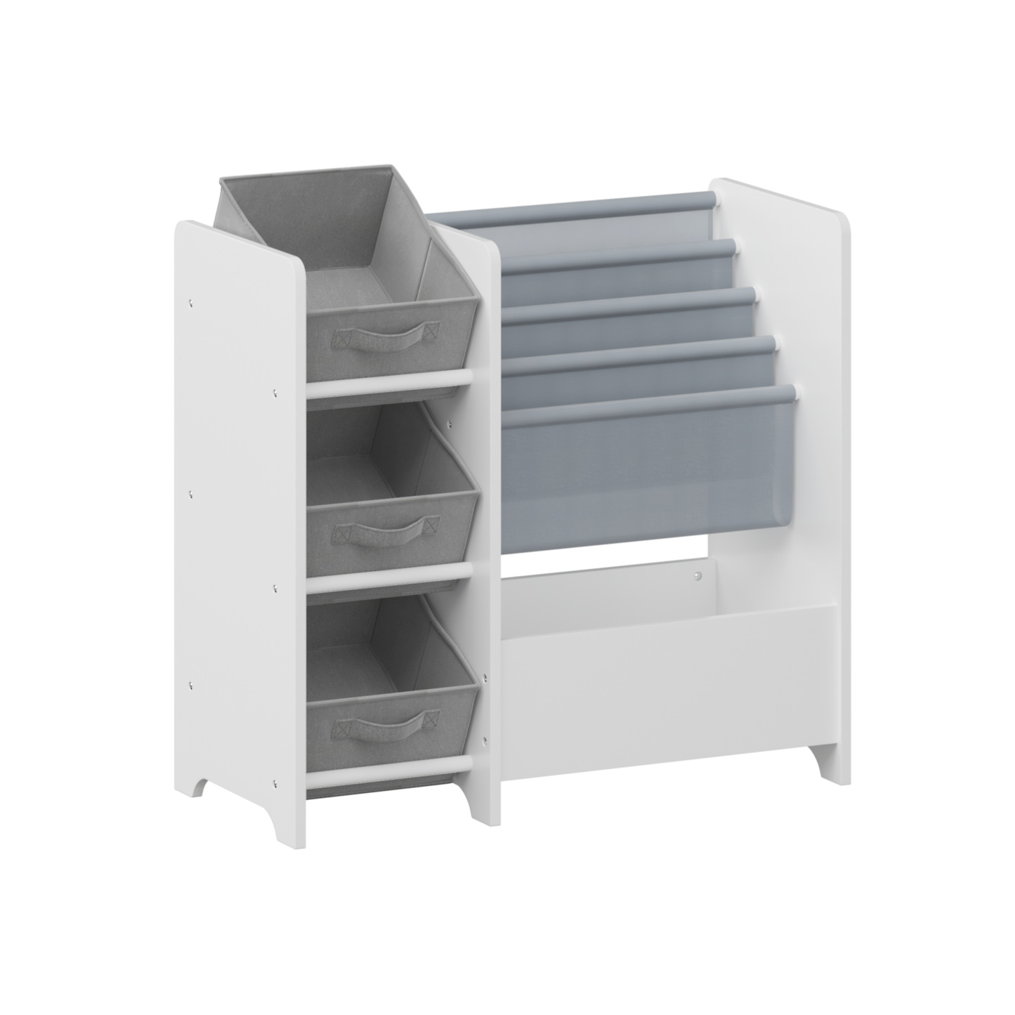 SESSLIFE 4 Tier Kids Bookshelf, Wooden Bookshelf for Kids with 3 Collapsible Fabric Drawers, Modern Toy Storage Organizer, Children’s Book Display for Playroom, Nursery, White/Grey
