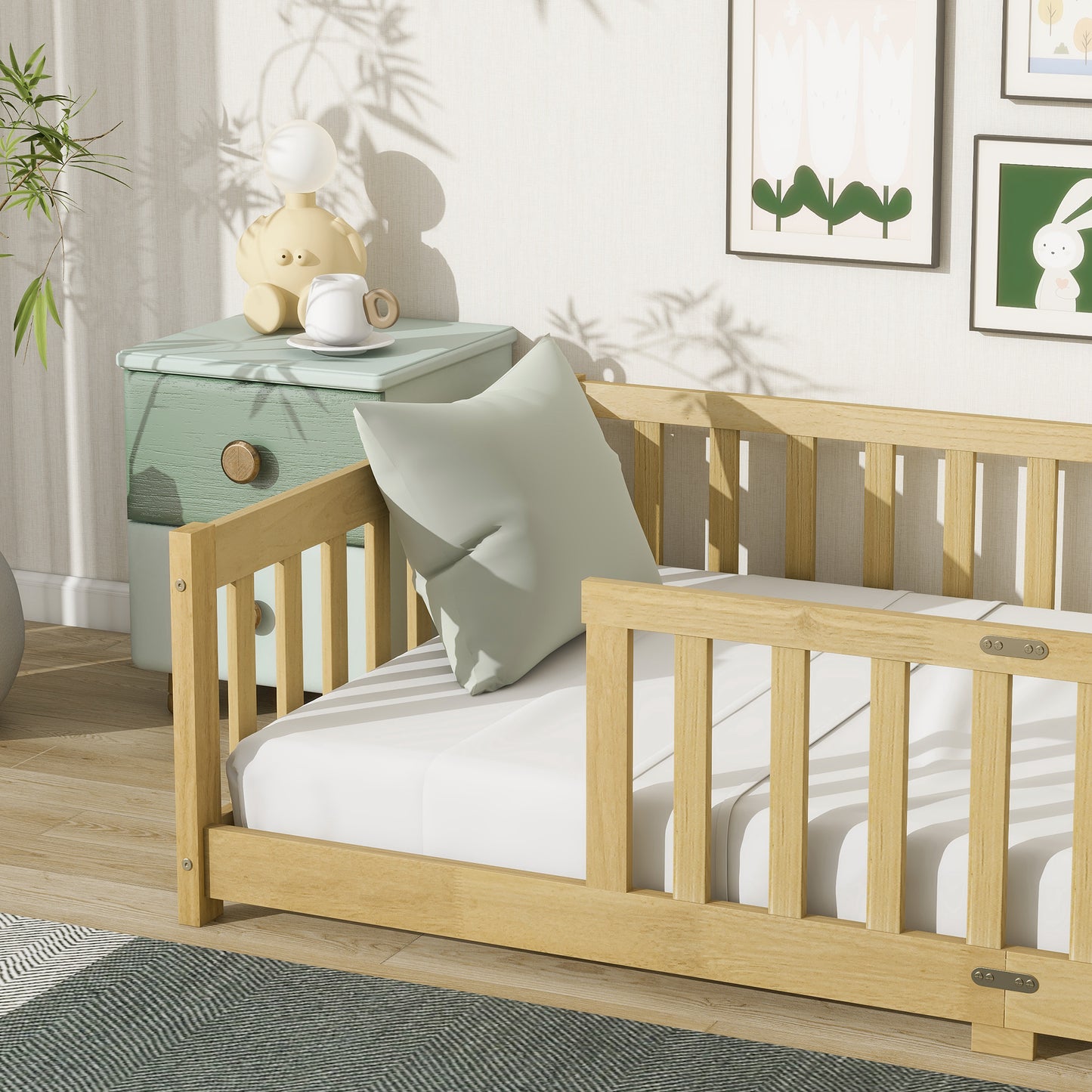 Sesslife Twin Montessori Floor Bed, Twin Size Floor Bed with Fence Without Door, Toddler Bed with Salts, Safety Guardrails, No Box Spring Needed, Twin Bed for Kids Girls, Boys, White