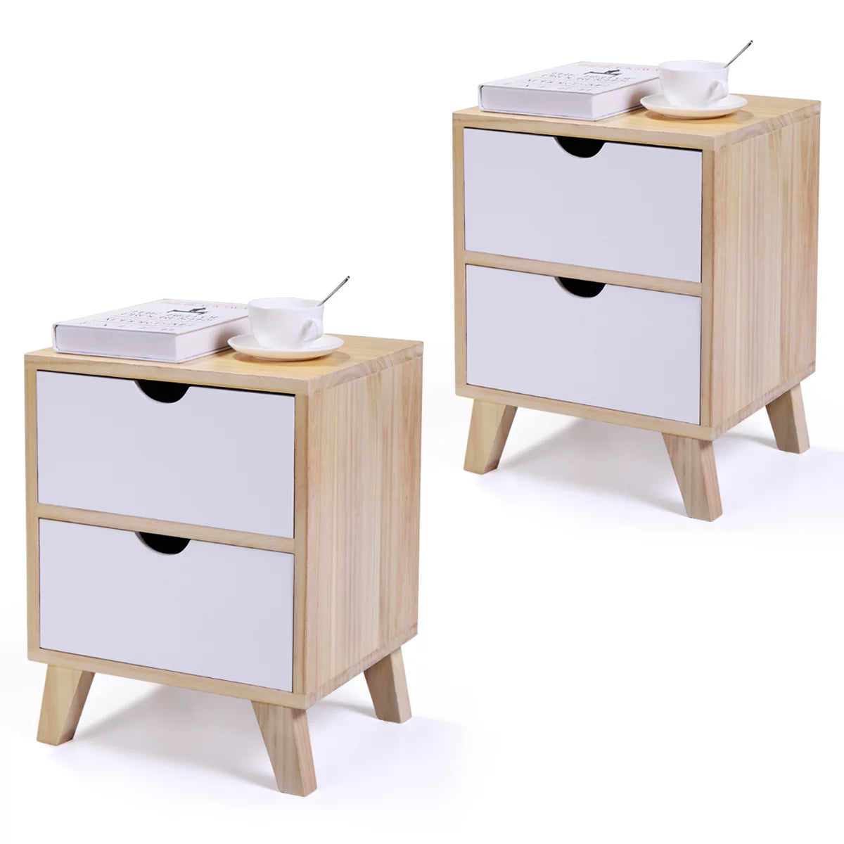 SESSLIFE Set of 2 Bedside Table, Modern Bedroom Wood Nightstand with Storage Drawer & Open Shelf, Low Foot End Table, Log Wood & White, X321