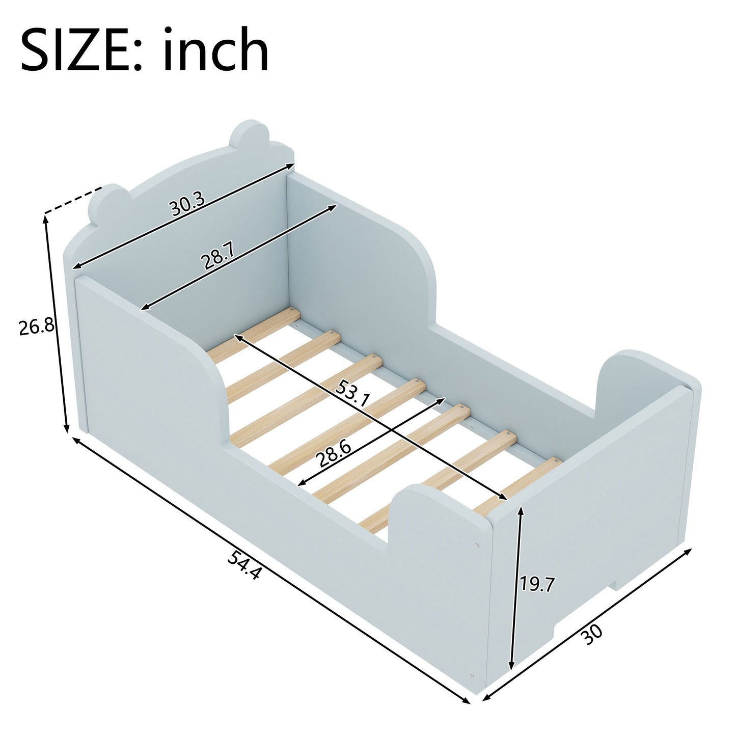 Toddler Floor Bed, Wood Toddler Bed Frame with Bear Shape Headboard, Slats and Safety Guardrails, Montessori Bed for Boys Girls Kids Bedroom, Crib Bed for Ages 3-6, Baby Blue