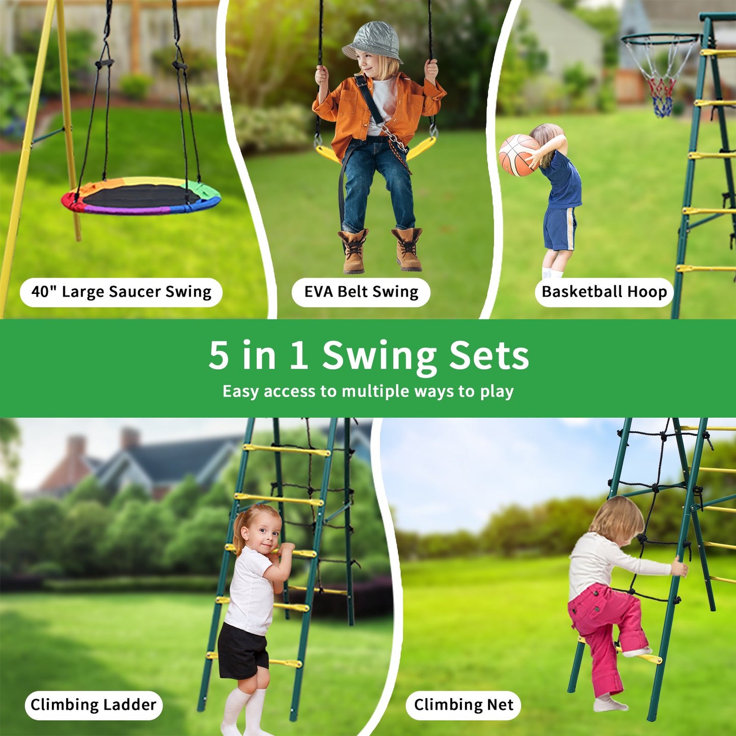 Metal Swing Set for Outside, Kids Backyard Swing Set with Swing Chair, Glider, Ground Nail, 3 In 1 Outdoor Swing Set