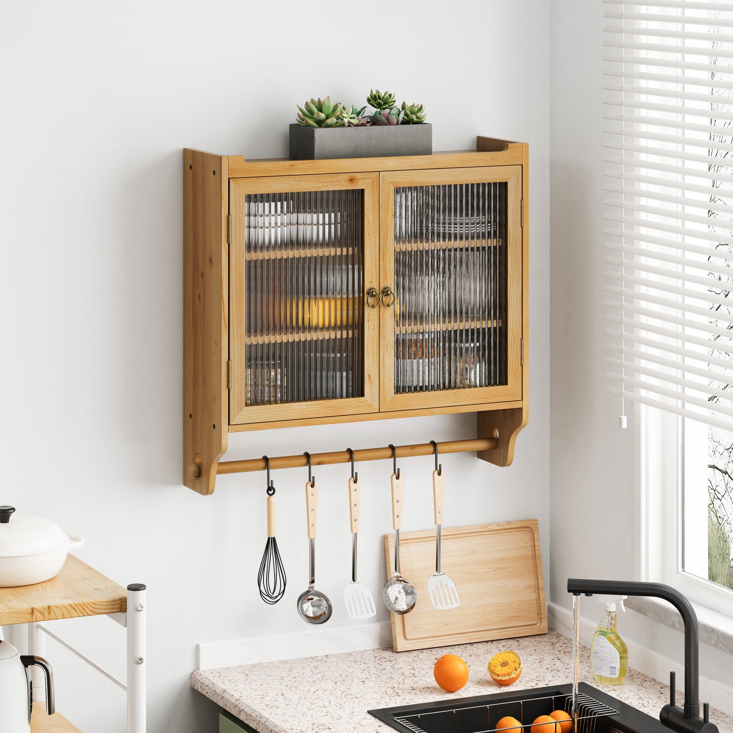 SESSLIFE 3-Tier Wall-Mounted with Fluted Glass Doors, 24.8" Rustic Storage Cabinet for Bathroom, Kitchen, Dining Room, Adjustable Shelves and Towel Rack, Natural Color