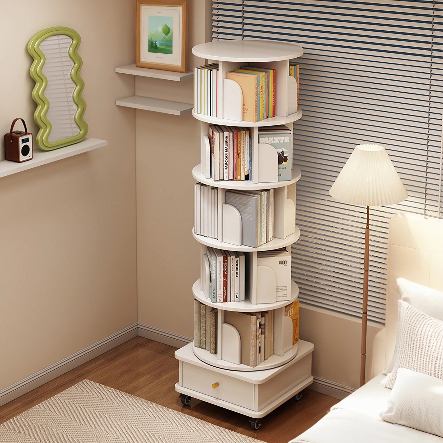 SESSLIFE 6 Tier Rotating Bookshelf Tower with Wheels and Drawer, 360° Spinning Bookcase for Small Spaces, Vertical Round Storage Shelf for Bedroom Living Room Office, White