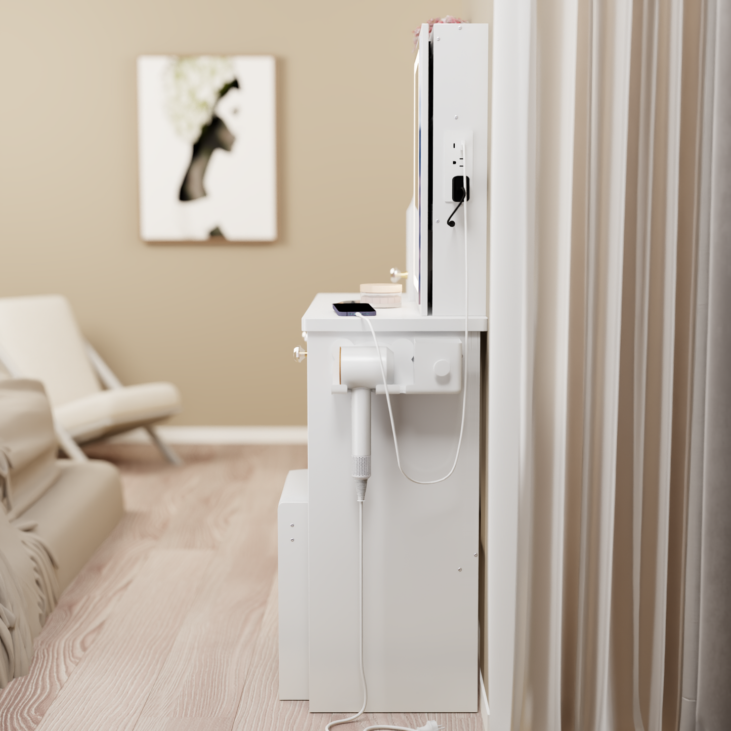 SESSLIFE Vanity Desk with Mirror and Lights, Modern Vanity Desk with Storage and Stool, Makeup Vanity with USB Ports for Small Spaces, White